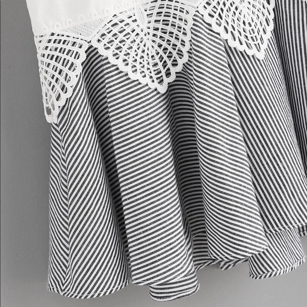 Shein Striped Bow And Ruffle Hem Mixed Media Tee